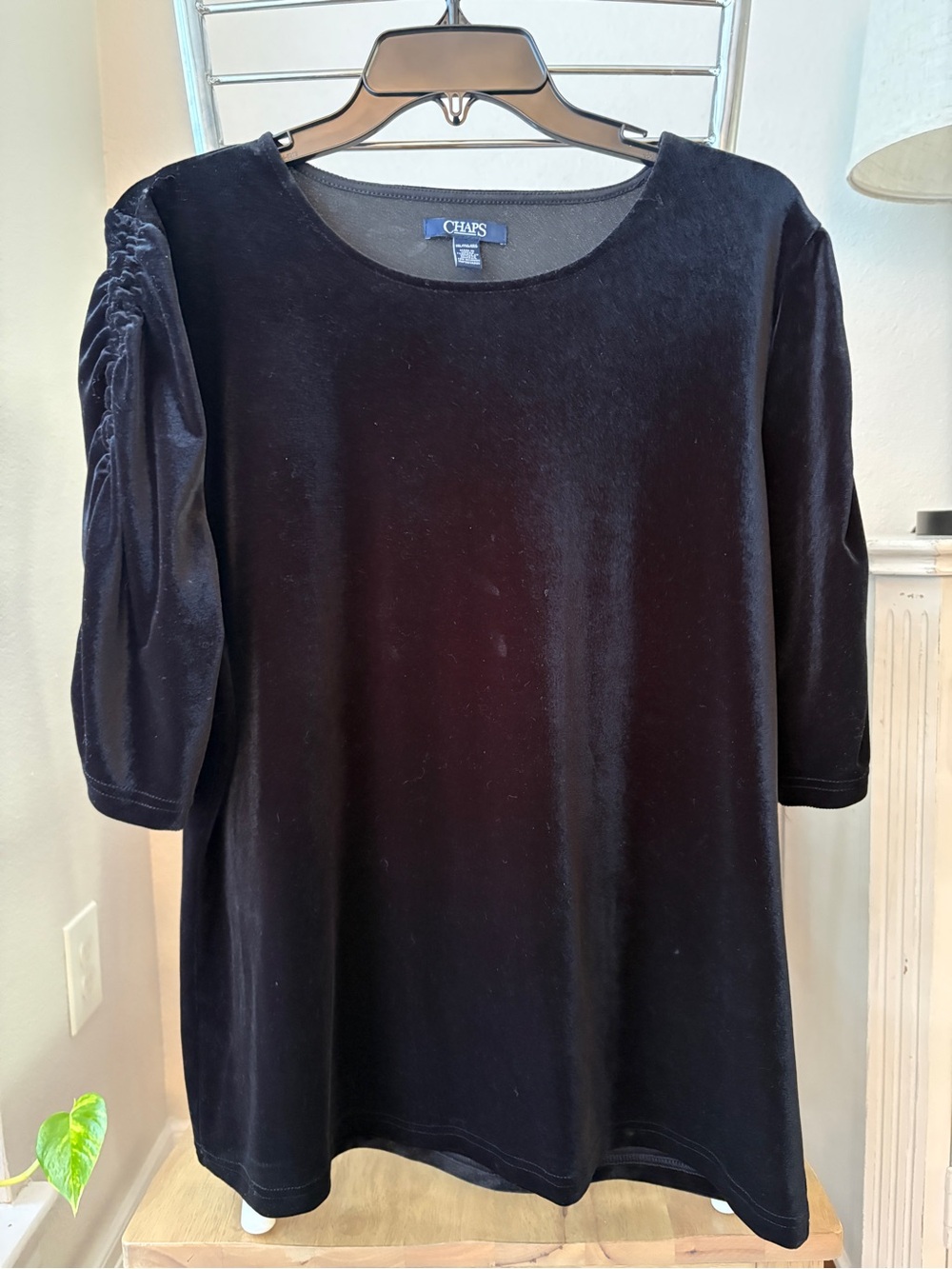 Chaps Black Velvet Scoop Neck Blouse with Ruched Sleeves XXL